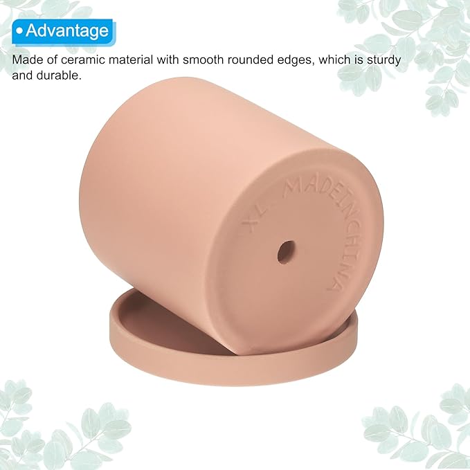PATIKIL 4.3 Inch Ceramic Plant Pots, 2 Pack Modern Flower Planters with Drainage Holes and Tray for Decorate Home Indoor Plants Succulent Herb, Pink