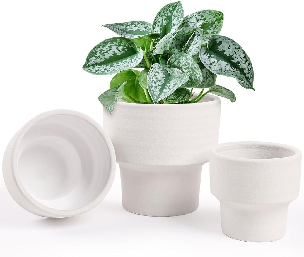 INGOFIN Ceramic Planter Pot Set of 3, 4/5/6 Inch Indoor Decorative Cachepot for Pothos & Succulents, No Drainage Hole, Modern Architectural Plant Display for Contemporary Home Decor, Sandblasted White