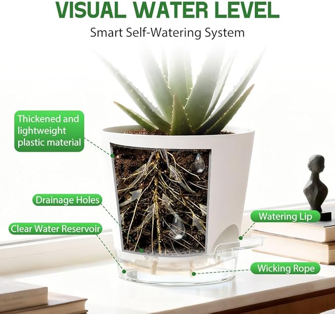 Self Watering Pots for Plants, 2026 New Flower Plant Pots with Drainage Holes, Wicking and Clear Reservoirs for Succulent, Aloe, Cacti and Others - 6 Pack (White, 5")