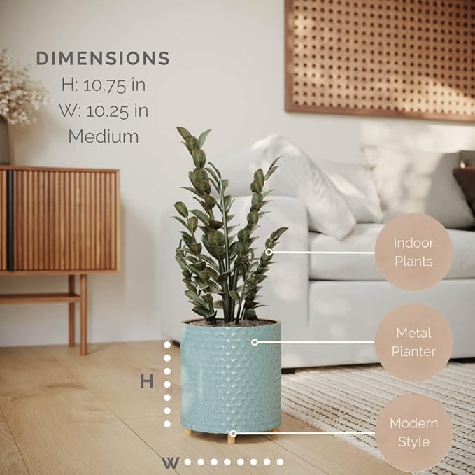 EverNest Rhys Blue-Green Modern Honeycomb Pattern Indoor Planter with Wooden Stand, 10-Inch Plant Pot, SelectBase, Mid-Century Modern Home Decor Planters (Medium, 2 Gallon)