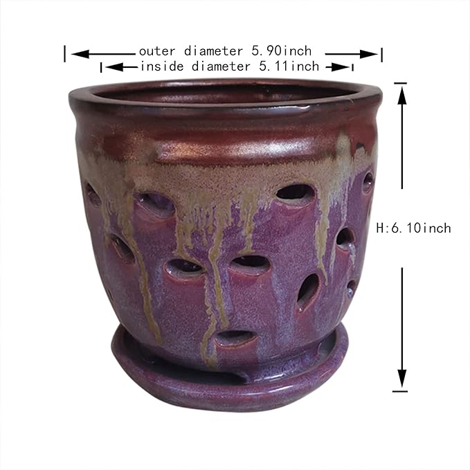 Large 6inch Puple Round Ceramic Orchid pots with Holes, Flower Pot with Saucer for Indoor Plants Home Decorative, Round Planter (Purple)