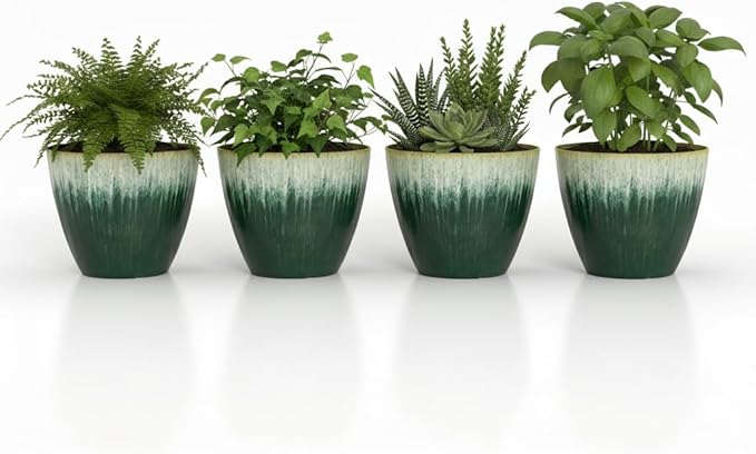 8 inch Plant Pots with Drainage Holes, Pack of 4 Plastic Flower Pots Indoor, Modern Glossy Finishing Planter for Indoor Outdoor Plants (Green Glaze, 4 Pack)