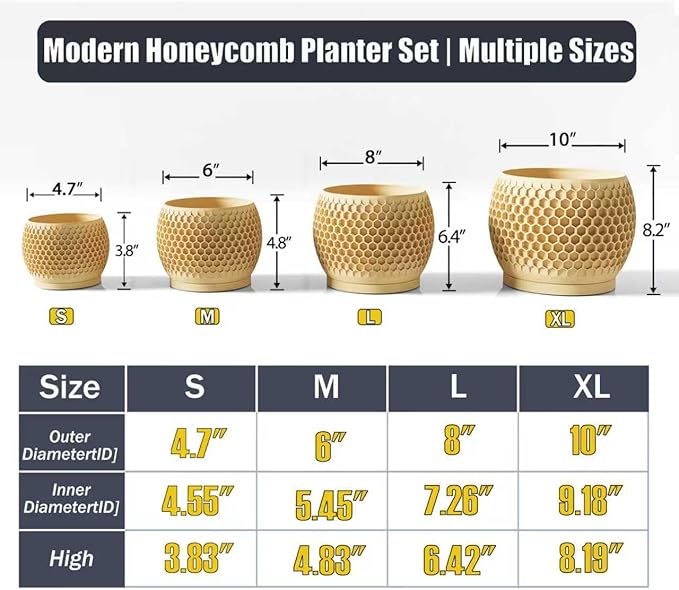 Plant Pots, Modern 3D Printed Honeycomb Planters for Indoor Plants, 4.7/6/8/10 Inch Wood Decorative Flower Pot for Office Desktop, Bookshelf & Home Decor, Lightweight & Durable.