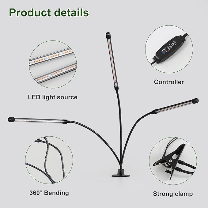 BS&S LED Grow Light,6000K Full Spectrum Clip Plant Growing Lamp with White Red LEDs for Indoor Plants,5-Level Dimmable,Auto On Off Timing 4 8 12Hrs (USB/20W)
