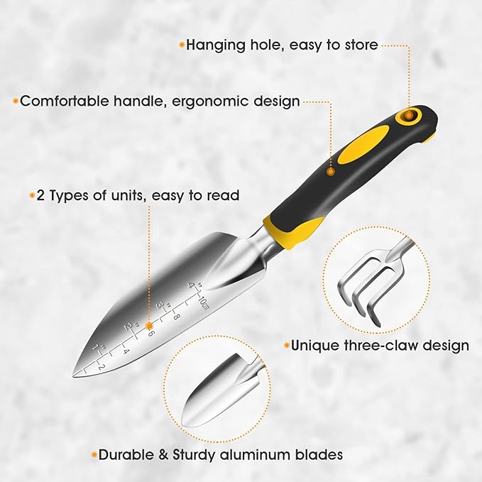 iPower Garden Tool Set, 3 Piece Aluminum Heavy Duty Gardening Tools Include Hand Trowel, Transplant Trowel and Hand Rake, Rubberized Non-Slip Handle, Garden Gifts for Women and Men