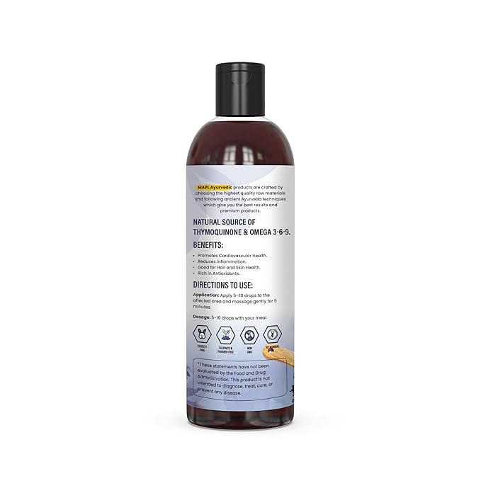 Mapl Organic Black Seed Oil Cold-Pressed from Nigella Sativa – Pure Unrefined Black Cumin Seed Oil Non-GMO & Vegan, Rich in Omega 3 6 9 for Hair Growth, Skin Care & Immune Support – 6.76 Fl Oz (200ml)