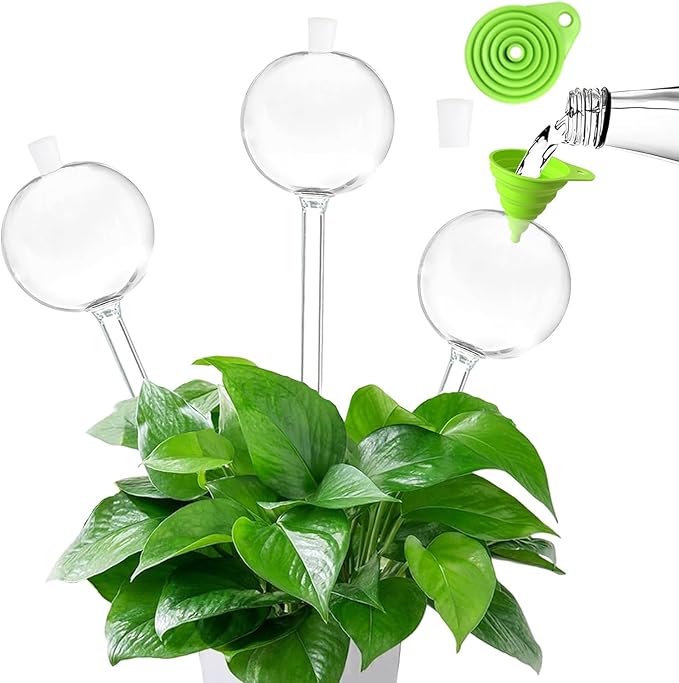 3 PCS Top-Fill Self Watering Globes, Automatic Plant Watering Devices, Transparent Self Watering Planter Insert, Durable Clear Glass Aqua Bulbs for Indoor, Ball Shape, & Funnel
