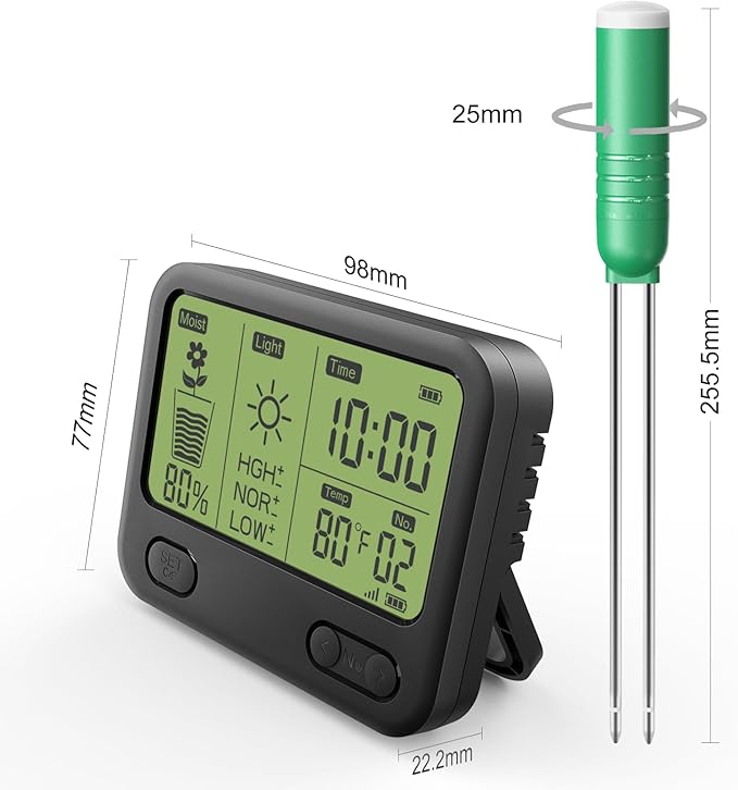 4-in-1 Soil Meter for Plants, Wireless Remote Monitor for Temperature Moisture Light Timing in One Board, Use for Garden Pot Turf lawns Farms greenhouses（1 Meter and 2 Sensior）, Black