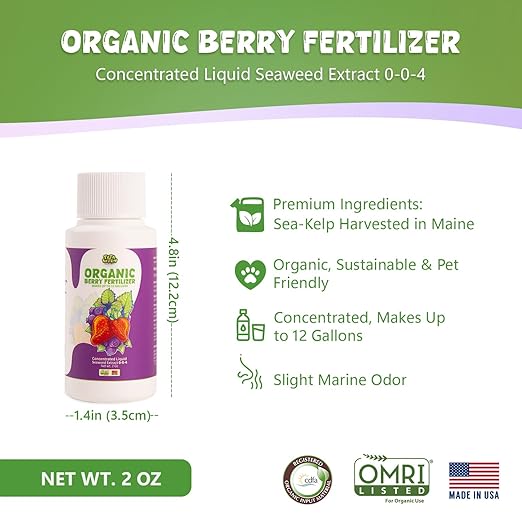 Organic Berry Fertilizer, OMRI Listed Concentrated Liquid Seaweed Extract, 2oz Kelp Plant Food Nutrient Boost Ideal for All Berries Bush Strawberry Blueberry Healthy Growth
