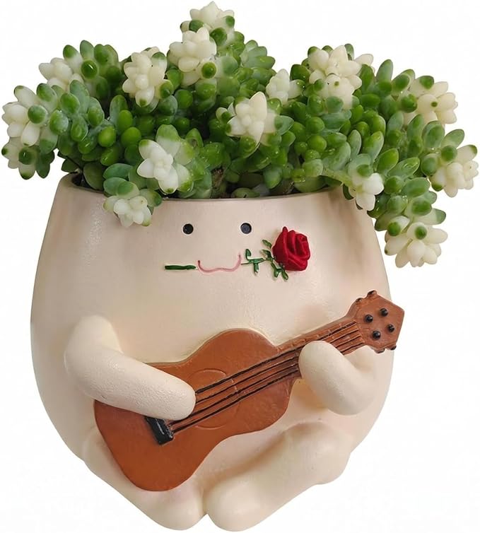 TEARS OF GAIA Lovely Face Planter Pot, Cute Resin Flower Head Planters with Drainage, for Mom, Funny Succulent Plant Lover Gift, Unique Gift Ideal for Plant Lovers (Guitar Baby)