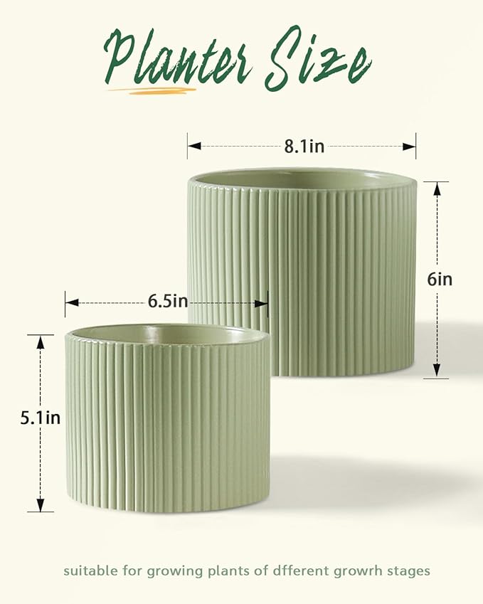 Ceramic Plant Pots, 8.1 + 6 Inch Planters for Indoor Plants, Modern Flower Pot for Plant with Drainage, Medium Cylinder Flower Pots for Indoor/Outdoor, House Plants, Matte Green