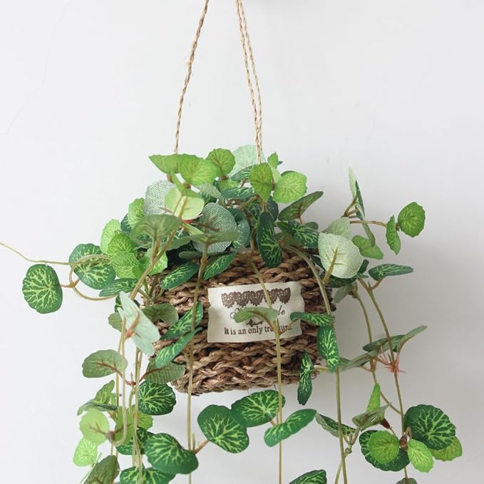 Artificial Plastic Plant Vine Small Hanging Basket Ornament for Indoor Walls, Shelves, Cabinets, Kitchens, Studies, Desks, Living Rooms 3.5-Inch Basket (2pcs Leaf b)