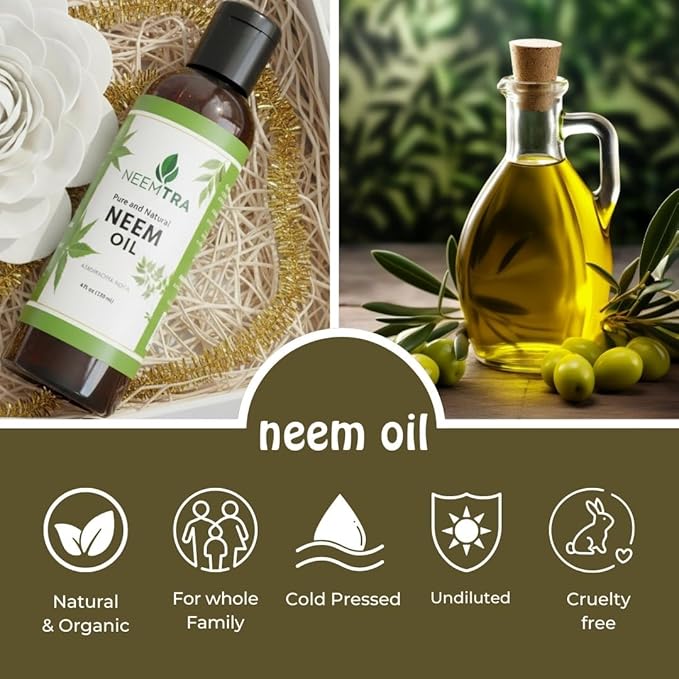 Natural and Pure Neem Oil, Cold Pressed, Undiluted, for Garden and Plants, Shampoo, Lotion and Hair oil, 4 fl Oz