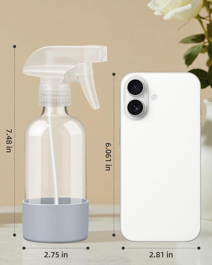 Worldgsb 4 Pack Glass Spray Bottles 8 oz, Empty Refillable Containers with Silicone Sleeve Protection, Glass Spray Bottles for Cleaning Solutions, Hair and Plants with Adjustable Nozzles Blue&Grey