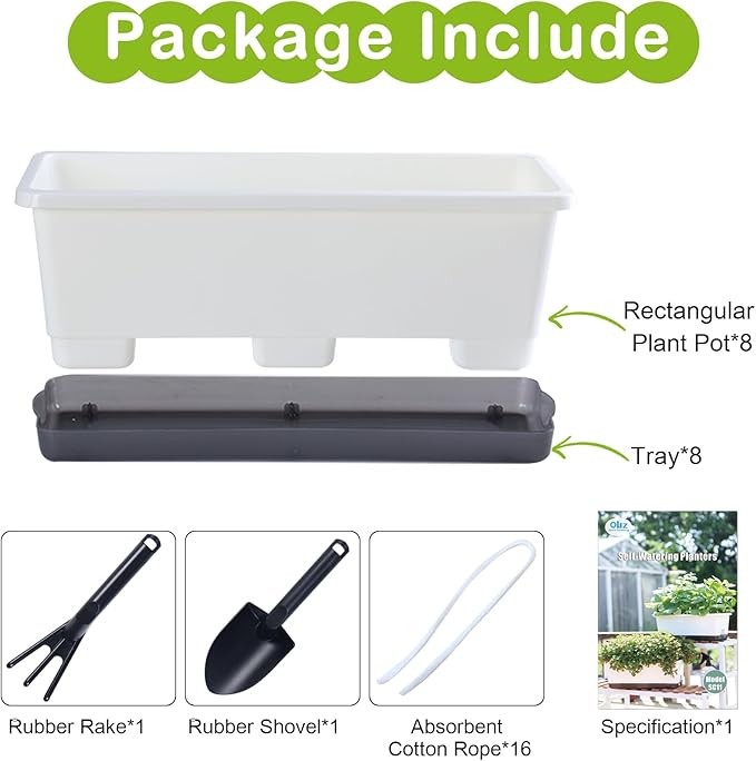 Oliz Window Box Planter 8 Pcs, 17 Inches Rectangle Flower Pots with Drainage Holes & Trays, Vegetable Planters for Windowsill Patio Garden Balcony Home Indoor Outdoor (White, 16 * 7 * 6 inch)