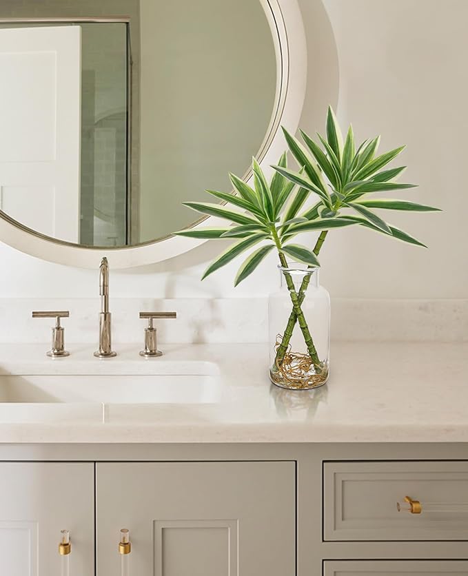 Artificial Plants Stems in Glass Vase with Faux Water,Fake Silk Plant Dracaena Leaves for Centerpiece Table Decorations Farmhouse Wedding Home Greenery Decor (Green and White)