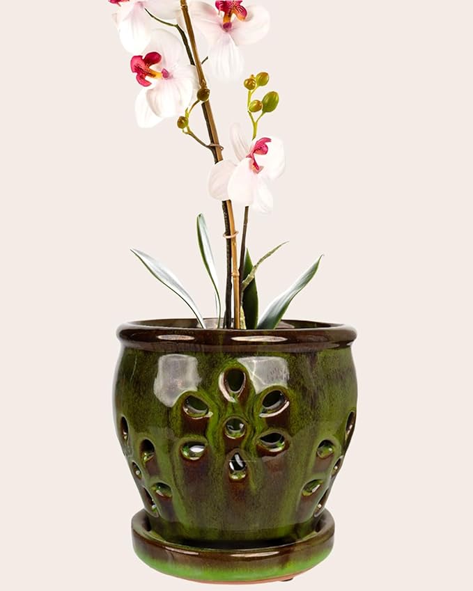vensovo 5 Inch Ceramic Orchid Pots with Holes and Saucers - 1 Pcs Small Succulent Pot for Repotting, Garden Flowerpots for Plants Indoor and Outdoor Promotes Air Circulation, Green Mixed Brown