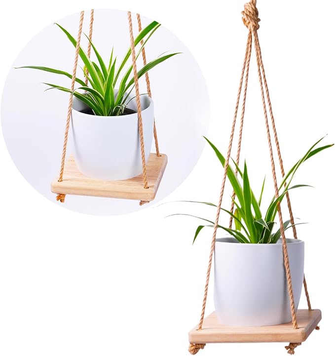 Hanging Plant Hanger for Small Flower Pots with Wood Base & Rope, Hanging Wood Plant Holder for Indoor Plants, Wall Ceiling Plants Hanger for Window Patio Deck Porch Living Room 1 Pack（Pot not included）