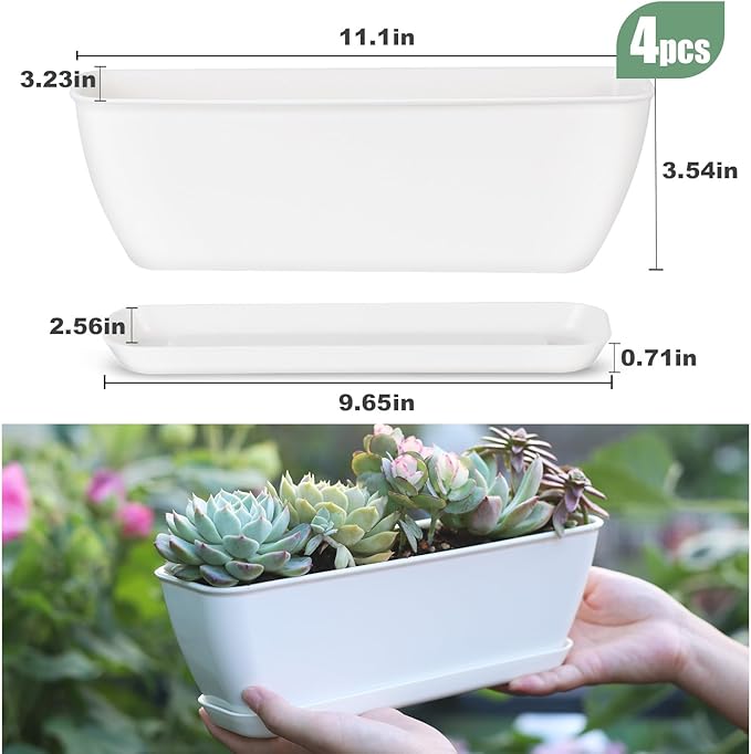 Oliz 8-Piece White Rectangular Window Sill Planters with Drainage Holes and Trays (11 Inches) for Basil, Orchids, and Succulents Modern Herb Garden Planters Suitable for Indoor/Outdoor Plants