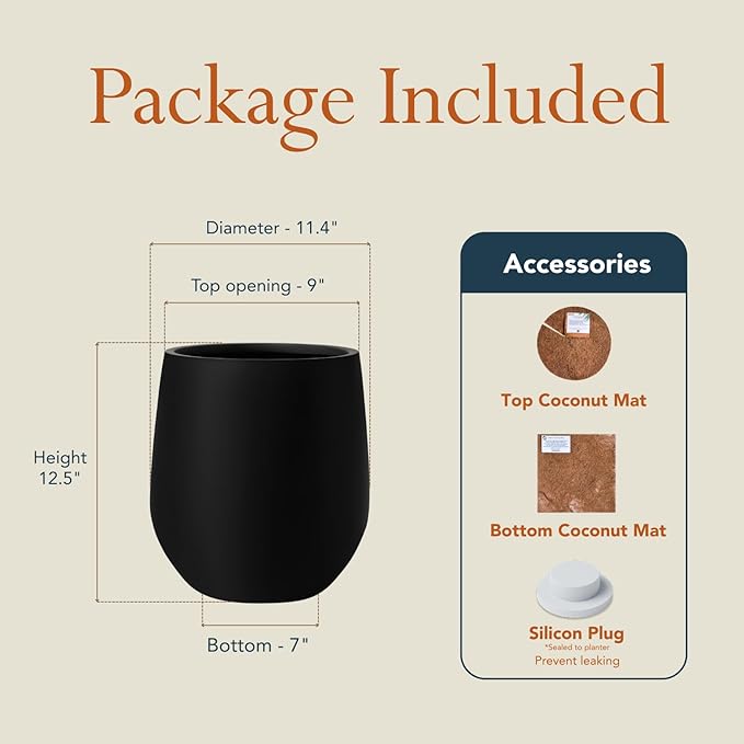 KUTE NEST 12.5" H x 11.4" D Premium Corso Fiberstone Round Tapered Planter with Drainage Hole, Weather Resistant for Indoor and Outdoor Use, Included 2 Extra Coco Mats (Black, 9" Pot Opening)