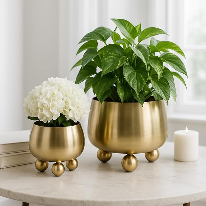 Flower Pots and Planters for Home Decor – Modern Plant Pots for Indoor and Outdoor Succulents, Herbs, and Ferns – Pots for Indoor Plant Stand Ideal for Garden, Patio, or Room Set of 2 – 9", 7" Gold