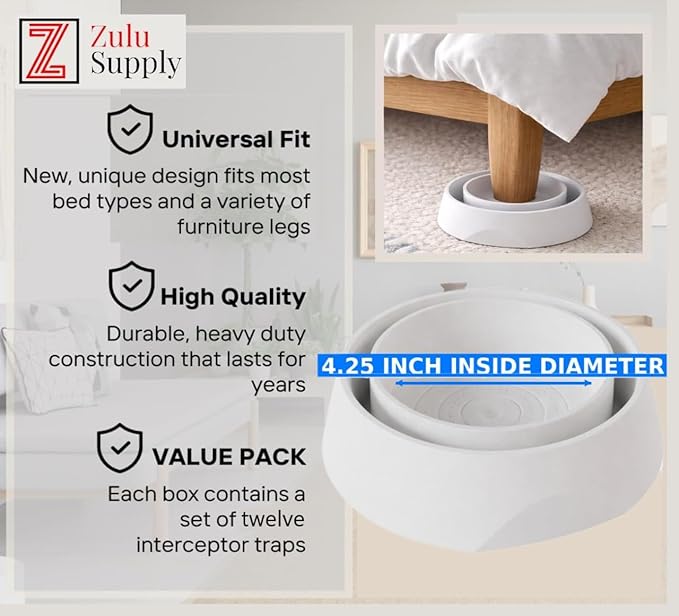 Bed Bug Interceptor Traps – White 12-Pack Passive Monitor & Detection Trap – Universal Fit for Bed & Furniture Legs – Reusable Non-Climbable Wall Pest Control Protection (White 12-Pack)