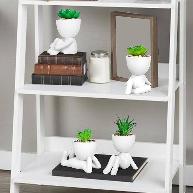 Pack of 4 White Mini Artificial Succulents, Ceramic Humanoid Greenery, Artificial Fake Plants, Bathroom Plants for Bathroom Decoration, Indoor Office, Christmas Decorations