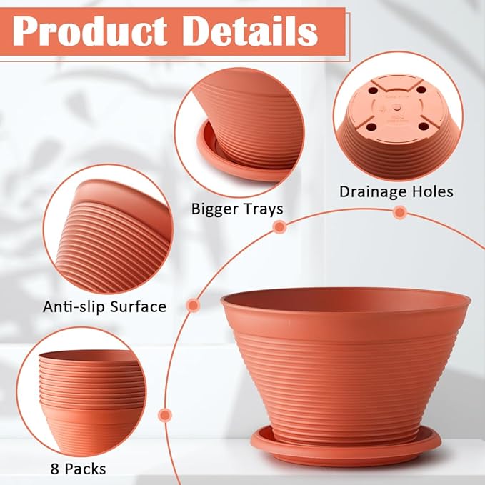RooTrimmer 8 Pack 8 Inch Plant Pots with Saucers, Plastic Flower Pots with Drainage Holes, Large Planters for Indoor Outdoor Garden, House Plants, Flowers, Herbs, Gardening Gifts, Pottery Red