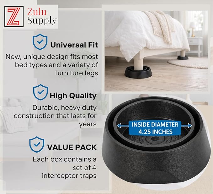 Bed Bug Interceptor Traps – Black 4-Pack Passive Monitor & Detection Trap – Universal Fit for Bed & Furniture Legs – Reusable Non-Climbable Wall Pest Control Protection (Black 4-Pack)