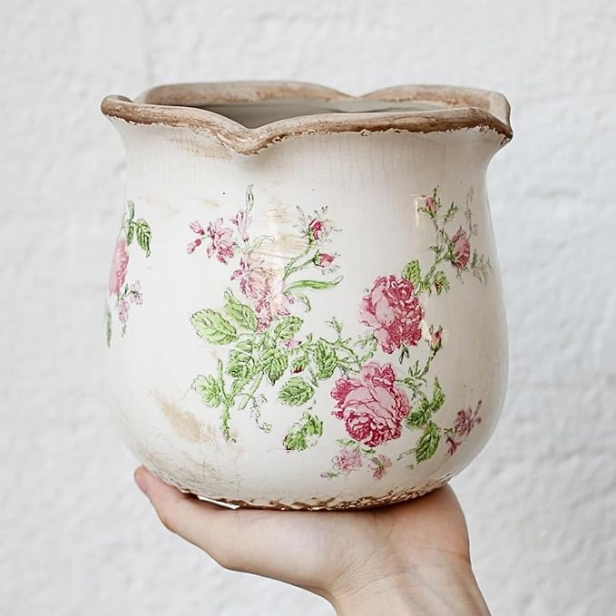 Xiaan Jiaju Shabby Chic Flower Pot, 6.11 Inch Ceramic Planter with Drainage for Indoor Plants, Vintage Ceramic Vase, Country Chic Spring Garden Home Decor, Pink Rose Floral