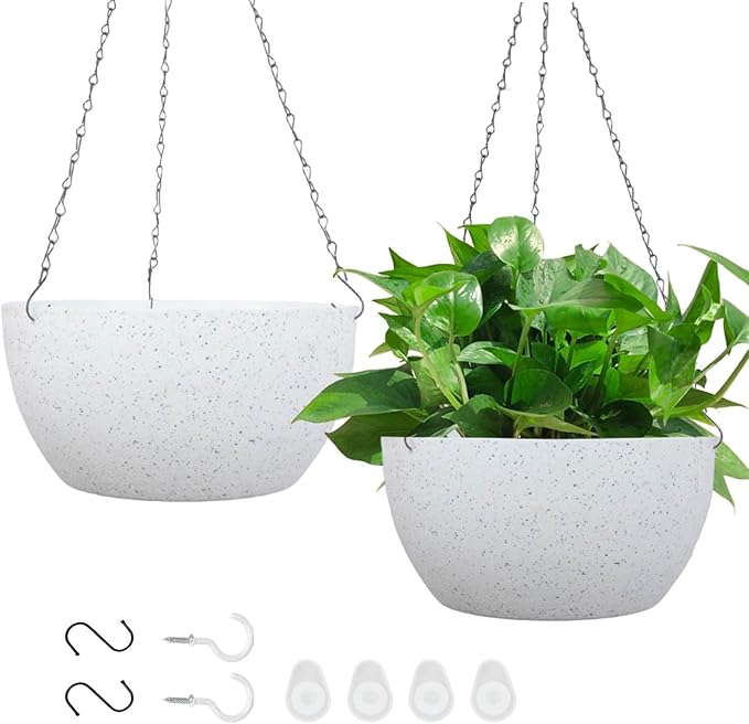 vensovo 12 Inch Large Hanging Planters for Outdoor Plants - 2 Pcs Plastic Hang Planter Flower Pot Baskets with Drainage Holes and Chain, Plant Pots for Home Garden Decor, White with Dot