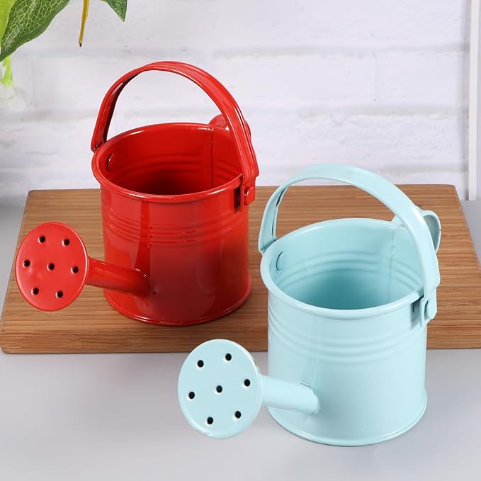 Watering Can Small Watering Can, Metal for Outdoor Plants, Iron Mini for Garden Yarde Home Plants Flower (Red and Light Blue, 2PCS)