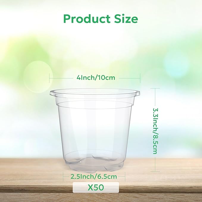 Bluepro 50 Packs 4 Inch Reinforced Clear Nursery Pots with Drainage Holes, Transparent Plastic Plant Pot Seedling Planter for Vegetable Propagation, Root Cutting, Seed Starting