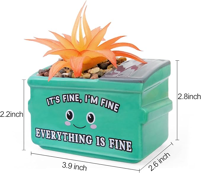 Dumpster Fire Fake Plants in Ceramic Succulent Pots Desk Decor, Emotional Support Positive Thinking Office Desk Accessories, Motivational Gifts for Women, Men, Coworkers