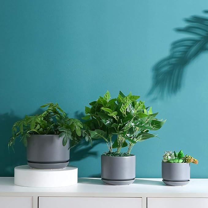 Yishang Succulent Plant Pots,6.7+5.3+4.1 in Glazed Ceramic Planters with Connected Saucers, Round Modern Ceramic Flower pots - Small to Large Sized Plant pots for All House Plants(Matte Grey)