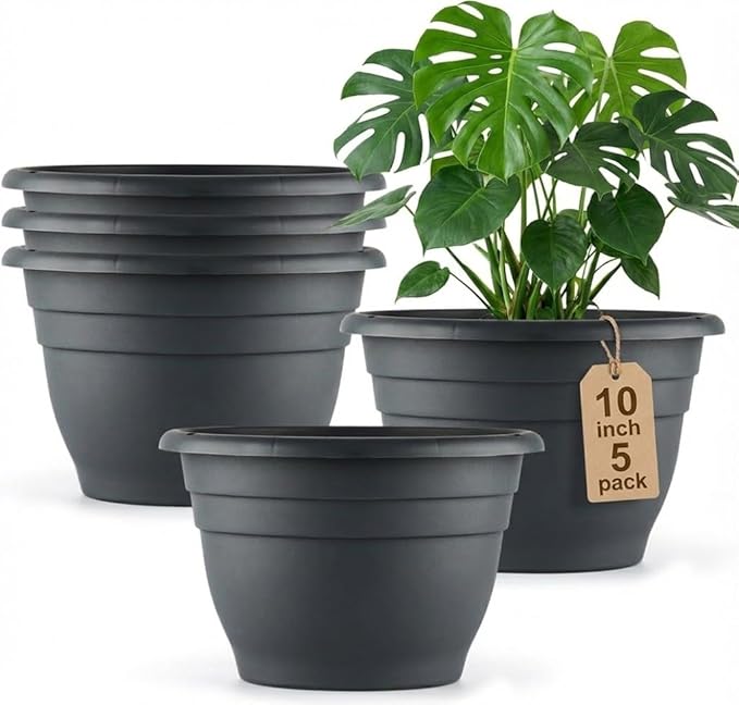 RooTrimmer 5 Pack 10 Inch Plant Pots for Indoor Outdoor,Plastic Floor Planters with Drainage Holes,Lightweight Flower Pots for Home,Patio & Garden(Grey)