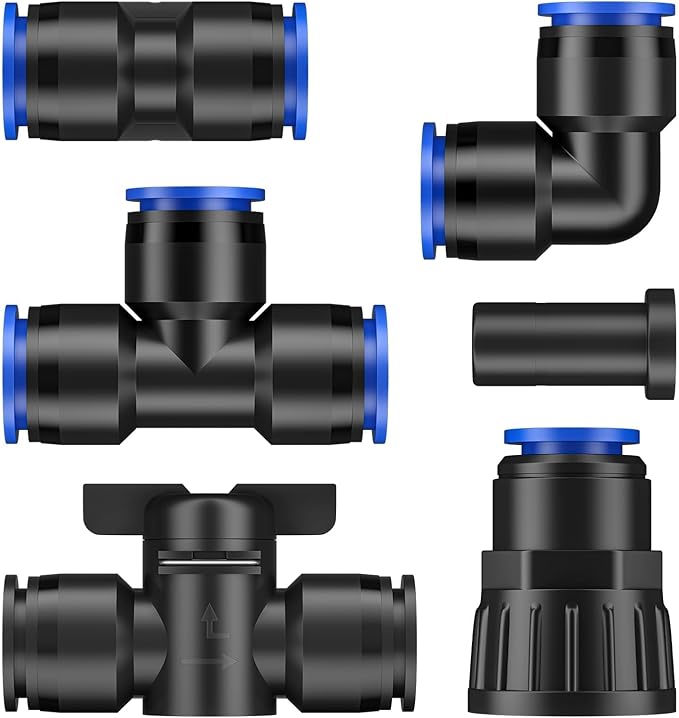 Pawfly 20 Pcs Quick Connect Drip Irrigation Fittings Kit for 1/2" Tubing (0.62-0.63" OD), Drip Line Connectors Set with 4 Tees 4 Couplings 4 Elbows 4 End Plugs 2 Shut Off Valves & 2 Faucet Adapters