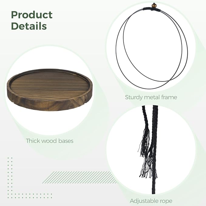 3 Pcs Hanging Plant Shelf, Round Wood Base with Black Metal Frame, Plant Holder with Adjustable Rope for Living Room, Balcony, Bedroom, Indoor Plant Display