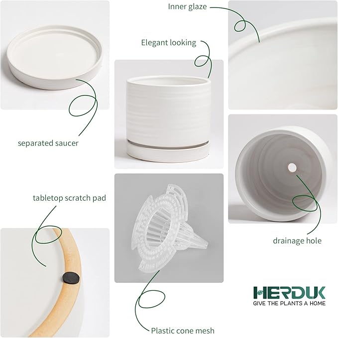 HERDUK 8 Inch Pots for Plants, Ceramic Planter Pot with Drainage Hole & Saucer, Indoor/Outdoor Cylinder Round Planter Pot, Matte White