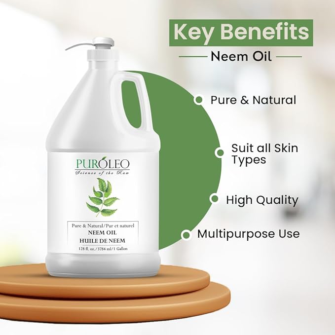 PUROLEO NEEM Oil 128 Fl Oz/3784 ML (Packed in Canada) 100% Pure and Natural Neem Oil for Multipurpose Use | Neem Oil extracted from NEEM Plante Chemical Free Neem Oil Spray