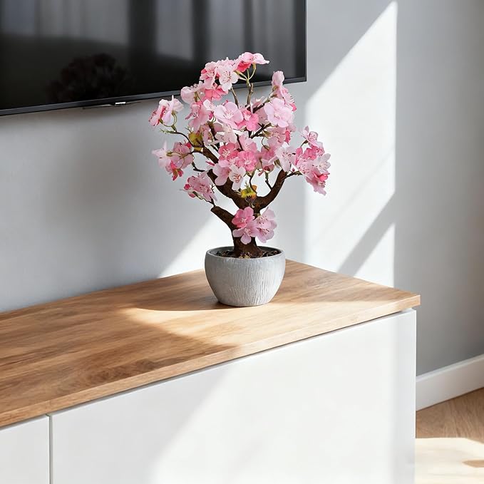 TOARTi Artificial Pink Cherry Blossom Potted Plant with Stone Pot, 13.4" Tall Fake Flowers Faux Plant Desk Decor, Realistic Decorative Plants Indoor Decor for for Home Bedroom Bathroom Office Desk