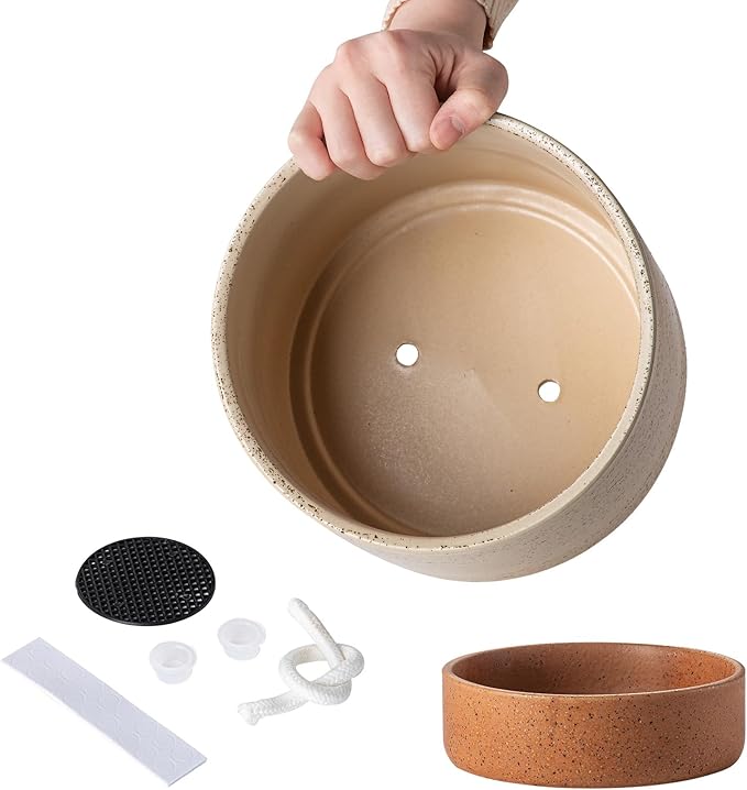 Self Watering Ceramic Planter: 8 Inch Plant Pot with Drainage Hole & Water Storage Plus for Outdoor & Indoor Plants, Succulents, Herbs - Flower Pot for Home or Office Decor - Brush