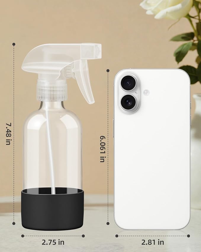Worldgsb 2 Pack Glass Spray Bottles 8 oz, Empty Refillable Containers with Silicone Sleeve Protection, Glass Spray Bottles for Cleaning Solutions, Hair and Plants with Adjustable Nozzles Black&White