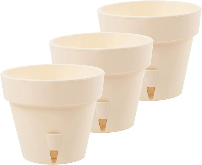 DECOPOTS - Pack of 3 - Self Watering Planter - Height 6.9 inches - Flower Pot with Bottom Watering Level Indicator for All House Plants, Flowers, Herbs (Diameter 7.9", Cream)