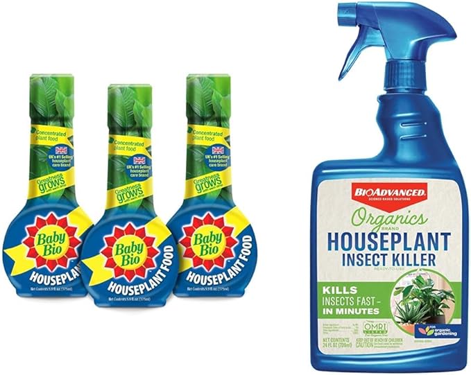 Baby Bio Houseplant Food, Concentrate, 5.9 Oz (3-Pack) with BioAdvanced Organics Brand Houseplant Insect Killer, Ready-to-Use, 24 oz