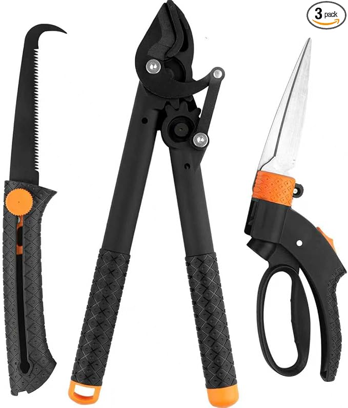 Garden Shears Tool Set 3 Pcs - Heavy Duty Lopper, Hedge Shears & Pruning Saw for Tree Branches, Hedges, Backyard & Fruit Trees, Carbon Steel Blades