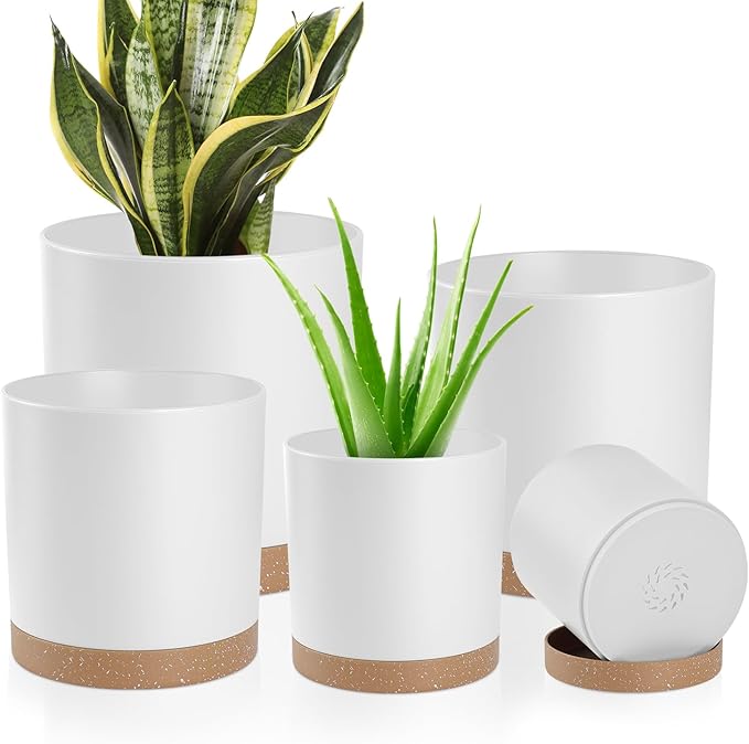 YNNICO Plant Pots with Drainage Holes and Saucers – 7, 6.5, 6, 5, 4 Inch Plastic Planters for Indoor Outdoor Plants, Modern Matte Finish, Lightweight & Durable（White
