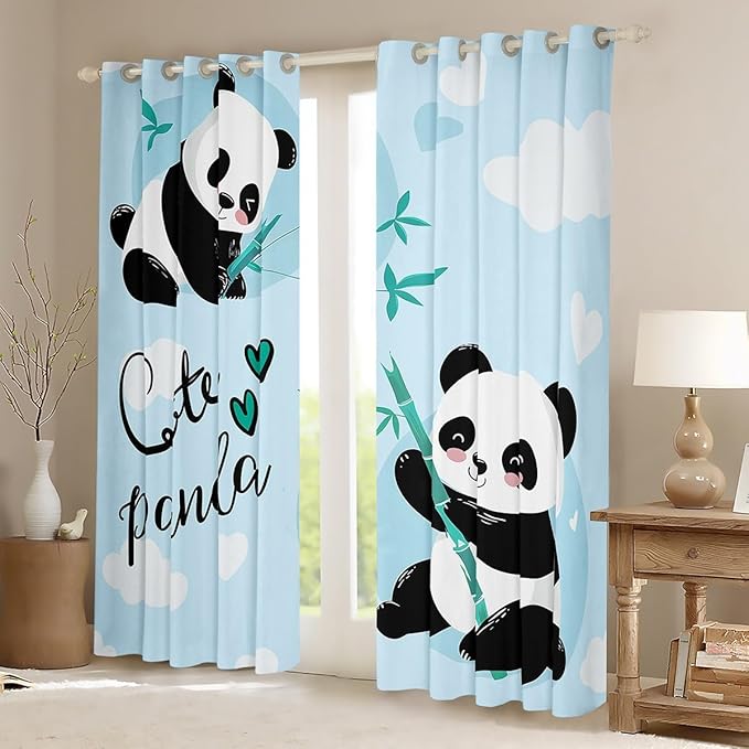 Feelyou Cute Panda Window Curtains Bedroom Living Room Cartoon Panda Curtains Kids Room Decor Boys Girls Animal Theme Window Drapes Kawaii Animal Window Treatments Blue 42W X 63L，2 Panels