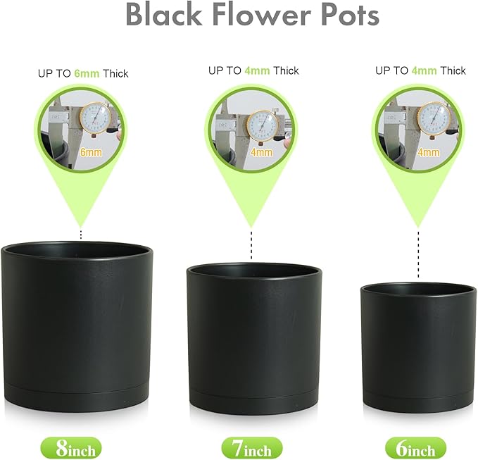 Meowell 8/7/6 inch Plant Pots, 3 Set Cylinder Flower Pots for Outdoor Indoor Plants, Decorative Plastic Planters with Drainage Holes and Saucers for Garden House Plants, Black