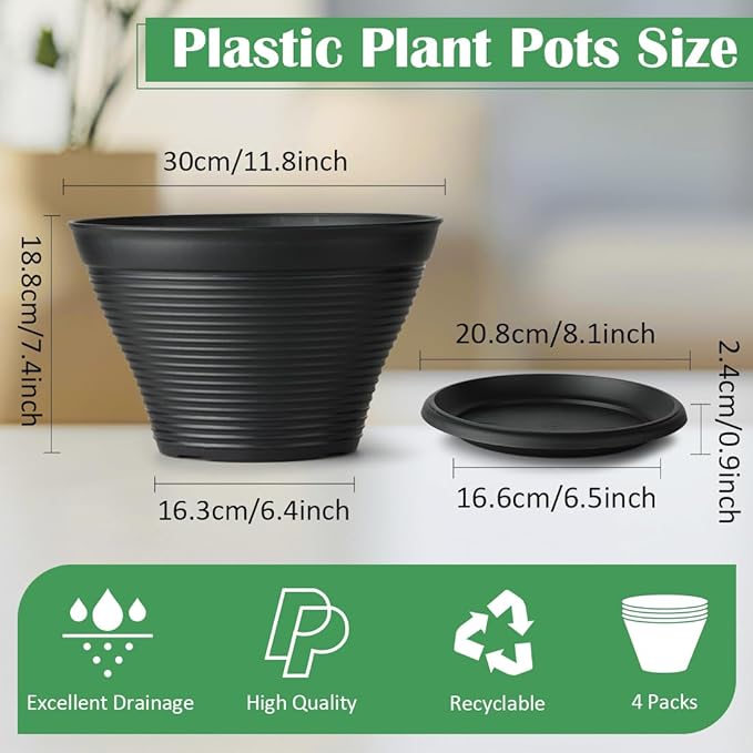 RooTrimmer 4 Pack 12 Inch Plant Pots with Saucers, Plastic Flower Pots with Drainage Holes, Large Planters for Indoor Outdoor Garden, House Plants, Flowers, Herbs, Gardening Gifts, Black